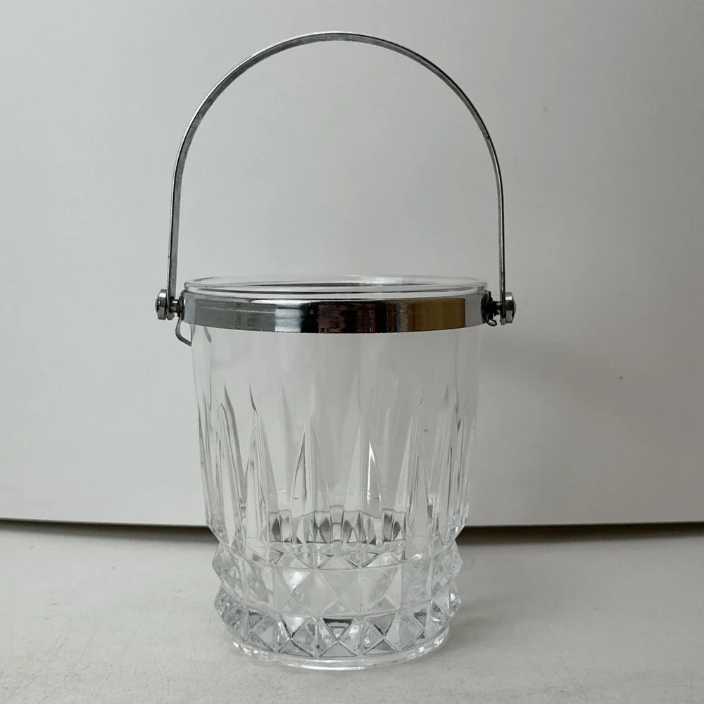 Vintage French Crystal D'Arques Glass Ice Bucket Clear Chrome Handle 5